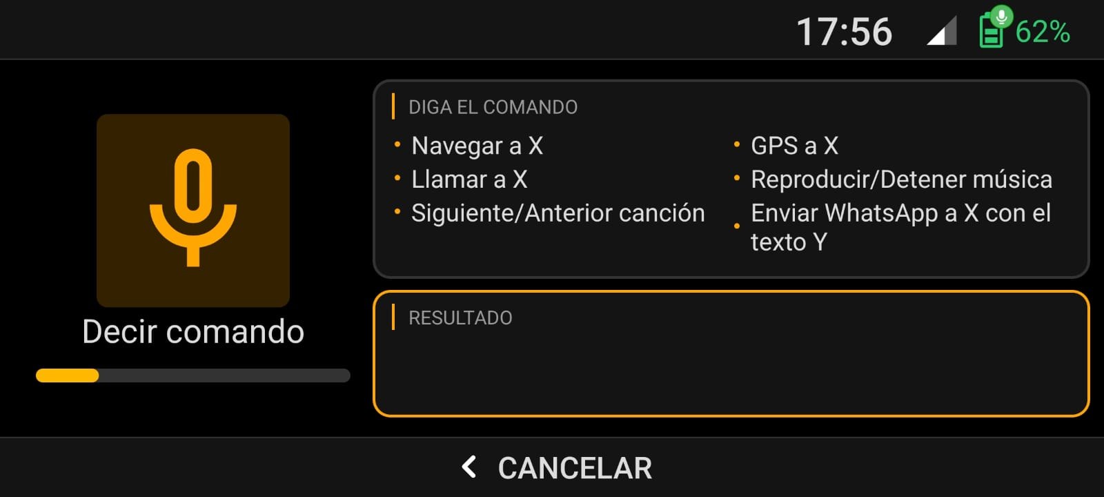 Pantalla de comandos de voz