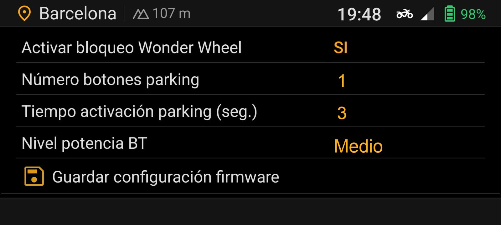 Pantalla de configuración firmware para mando de parking