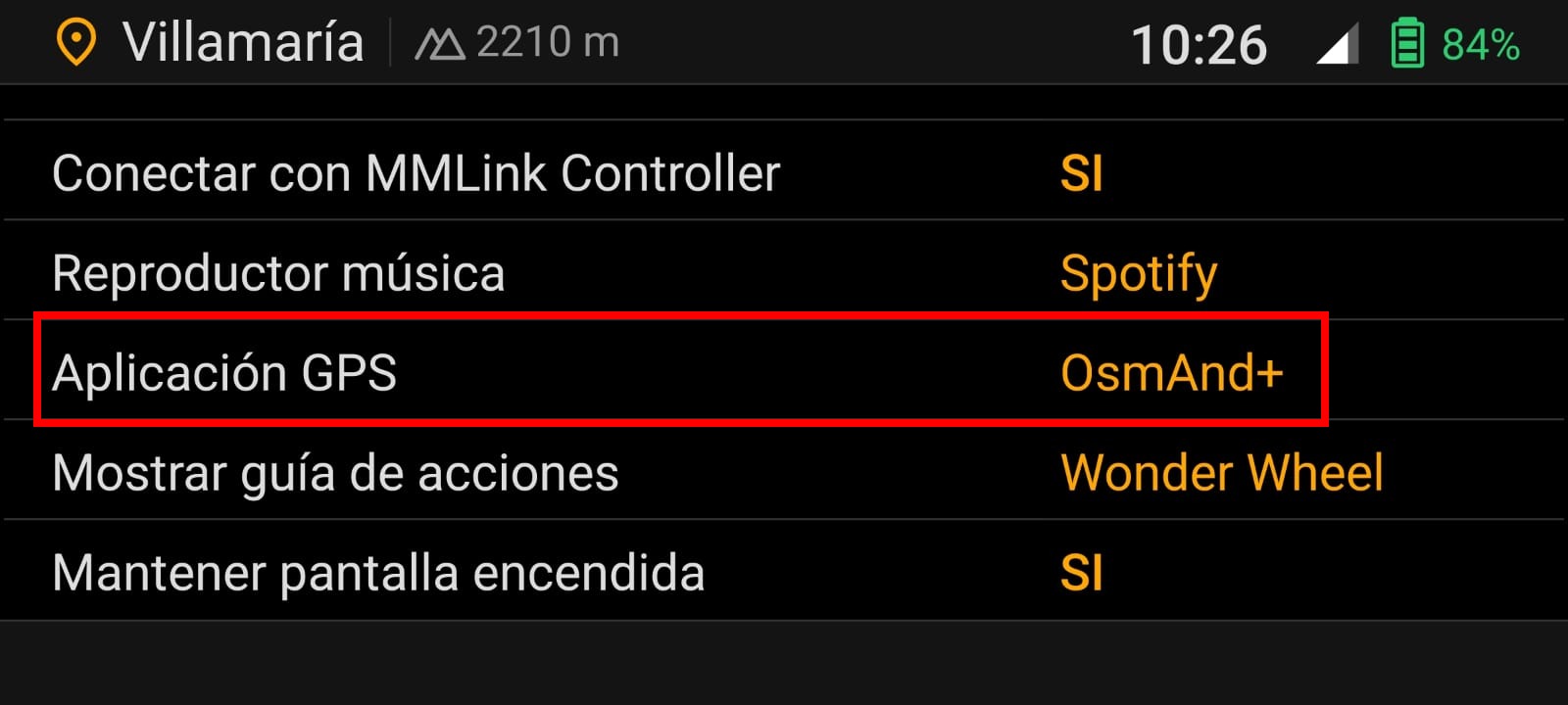 OsmAnd seleccionado como aplicación GPS en Moto Media Link