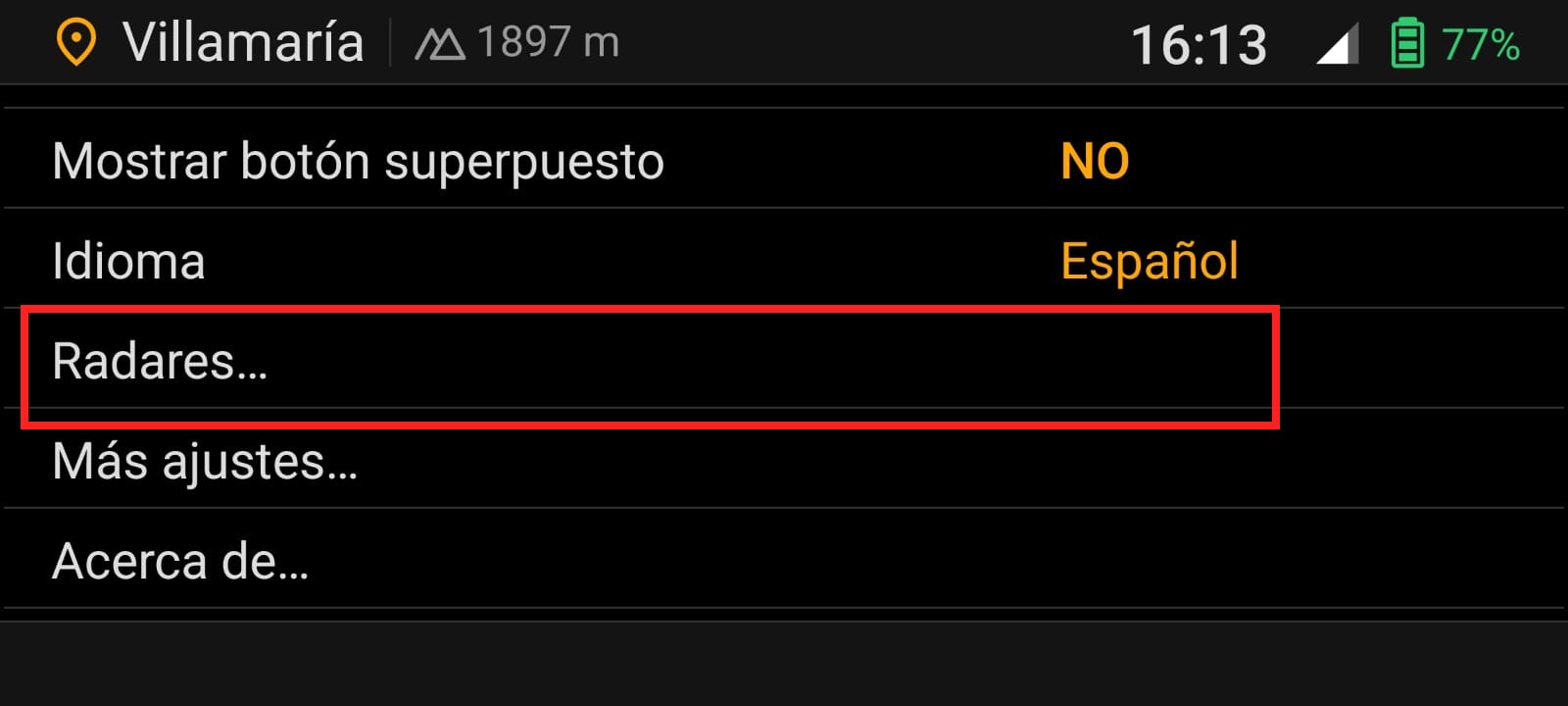 Opción Actualizar radares en ajustes