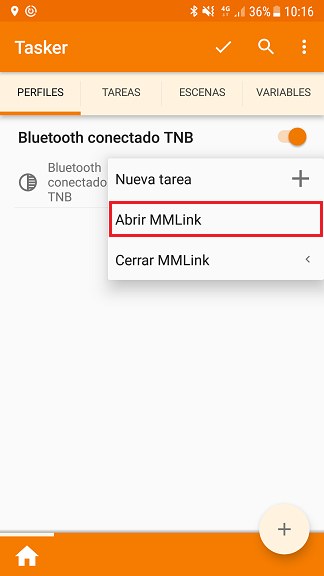 Seleccionar tarea Abrir MMLink para el perfil Bluetooth
